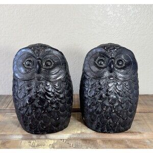 Vintage Black Owls Bookends 1960 Toyo Japan Ceramic Heavy Textured Matte Finish